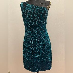 Loyeloy Elegant Teal Sequin One-Shoulder Dress